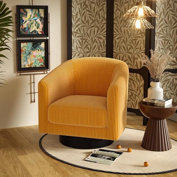 Swivel Accent Chairs 360 Degree Bucket Chair Modern Upholstered Barrel Armchair Comfy Corduroy Single Sofa for Living Room Bedroom Orange
