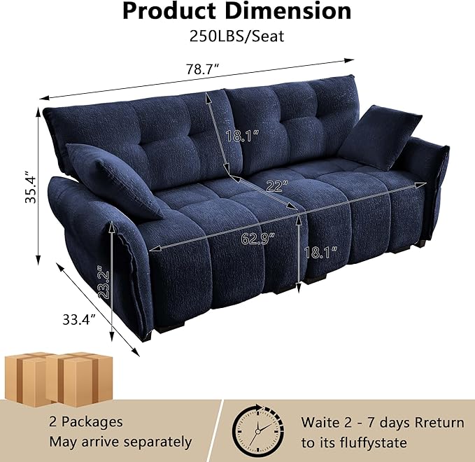 Aoowow Modular Sectional Sofa 78.7” Comfy Chenille Loveseat Sofa Couch Upholstered 2-Seater Couches with Pillows for Living Room Apartment OfficeBlue