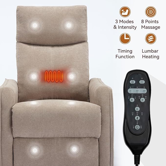 PELUMY 360 Swivel Rocking Recliner Chair for Adults Nursery Rocking Chair with Heat and Massage Glider Reclining Chair for Small Space Living Room Bedroom (Khaki)