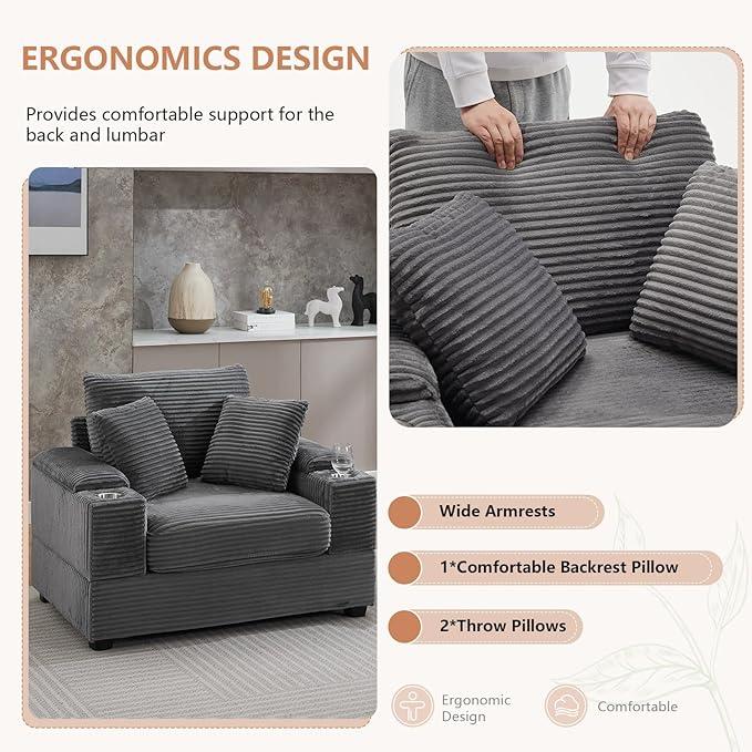 50 Oversized Chaise Lounge Chair Indoor with Ottoman and Storage Comfy Corduroy Sleeper Chair with Cup Holder Deep Seat Upholstered reading Chair Reclining Chair for Living Room Bedroom(Grey)