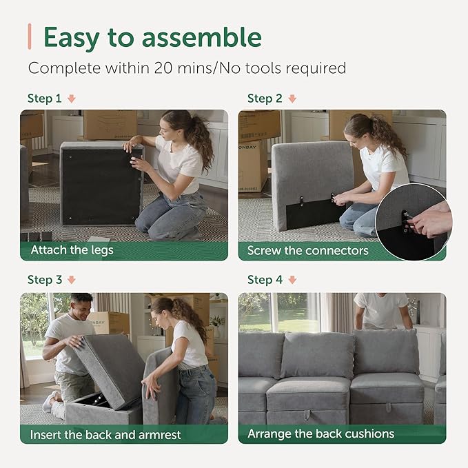 HONBAY Modular Sectional Sofa with Storage U Shaped Modular Sofa 6-Seater Sectional Couch for Living Room Grey