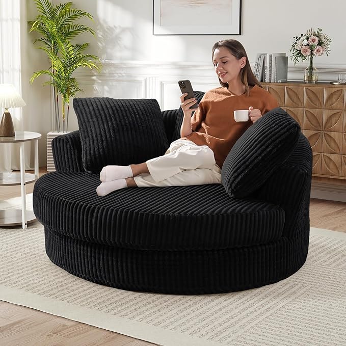 61W Oversized Round Chaise Lounge Chair Indoor Upholstered Corduroy Large Circle Boneless Chair with Deep Seat No Assembly Required Modern Comfy Cloud Sofa Chairs for Living Room Bedroom(Black)