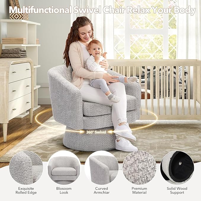 Modern Swivel Accent Chair 360° Upholstered Barrel Chair with Armrests Comfy Round Armchair Single Sofa for Living Room Bedroom or Office Grey