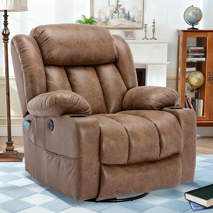 360° Swivel Rocker Recliner Chair with Heat and Massage Manual Glider Rocking Reclining Chair Swivel Overstuffed Lounge Reclining Chair with 2 Cup Holders Side Pockets &amp USB Ports Brown