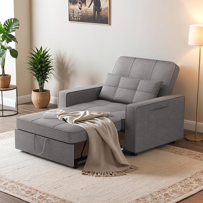 Flamaker Sofa Bed Sleeper Sofa 3-in-1 Adjustable Couch Bed with Modern Linen Fabric Convertible Sleeper Chair Couches for Living Room Apartment and Small Space (Bright Gray)