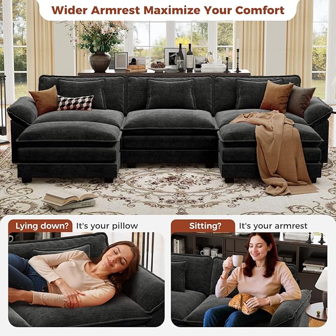 CDCASA 120 Oversized Modular Sectional Sofa Comfy U-Shaped Cloud Couch w/ 2 Movable Ottoman 5-Seater Chenille Deep Seat Modern Sofa Couch for Living Room DIY Combination Black