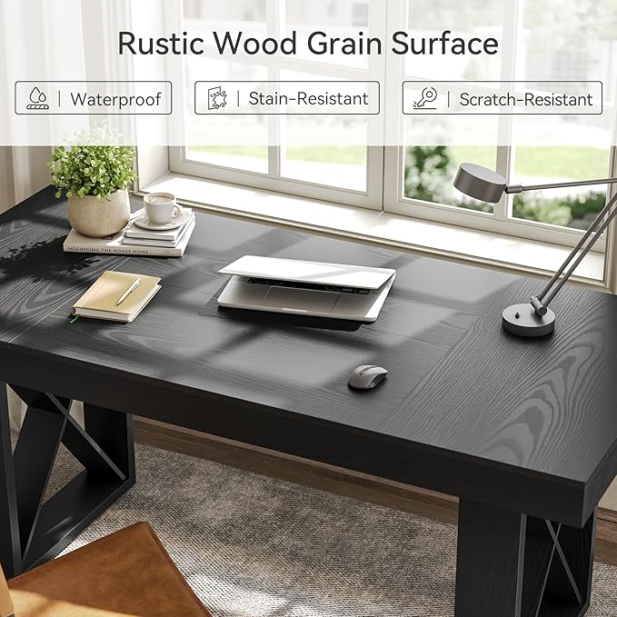 LITTLE TREE 63-Inch Long Computer Desk Simple Wood Thick Appearance Design Study Writing Gaming Work Executive Desk for Home Office Black