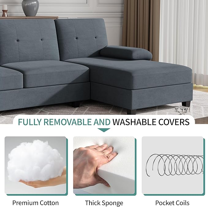 JAMFLY Sectional Sofa Couches for Living Room U Shaped Sofa Living Room Furniture Sets 4 Seat Modular Sectional Couch with Chaise Grey
