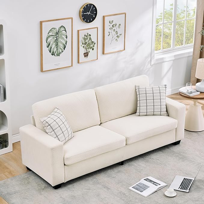 Modern Loveseat Sofa Couches for Living Room 83 Boneless Comfy Corduroy Sofa for Apartment Bedroom or Office Soft Upholstered Couch Compact Spaces Deep Seats Wood Frame Removable Cover White