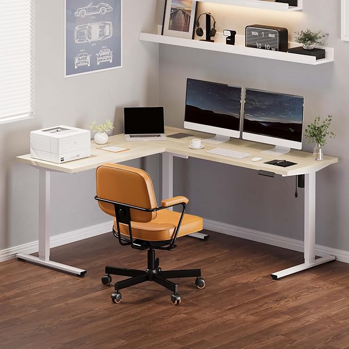 FLEXISPOT L Shaped Standing Desk 71 x 63 Inch Electric Height Adjustable Corner Desk Sit Stand Computer Workstation Preset Controller Home Office White Frame with Maple Top