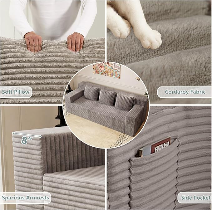71Cloud Loveseat SofaBoneless Deep Seat 2-Seater with 3 Pillows&ampSide PocketNo Assembly Foam Floor CouchPlush Corduroy FabricModern Living Room Sofa for Small Space Apartment(Flat HandrailCam