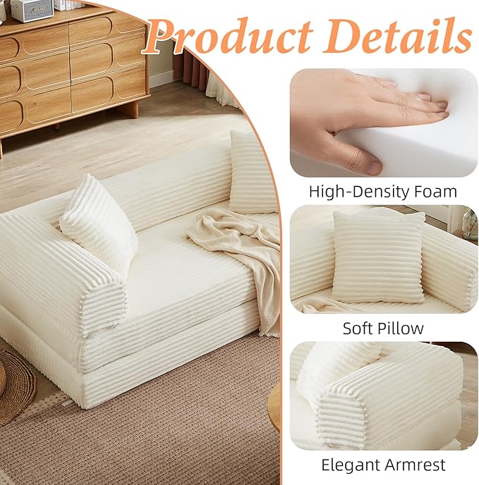 78 Inch Convertible Futon Sofa BedFolding Boneless Couch with Sleeper SofaFold Out Floor Sofa Couch with Deep SeatCloud Corduroy Foldable Mattress Couches for Living Room(Off White)