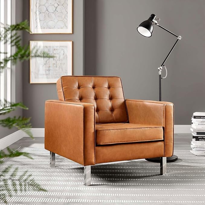 Modway Loft Tufted Button Faux Leather Upholstered Accent Armchair in Silver Tan