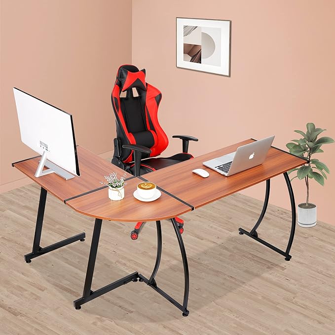 ZenStyle 55 L-Shaped Corner Computer Desk - Sturdy Steel Frame &amp Waterproof Surface Walnut Wood Grain Design for Home Office Gaming &amp Multipurpose Workstation
