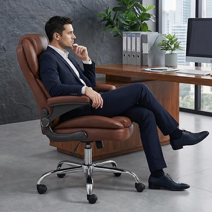 Office Desk Chair Executive Leather Office Chair High Back Ergonomic Home Desk Chair with Padded Flip-up Arms Big and Tall Computer Chair with Rocking Function 360°Swivel Free Light Brown