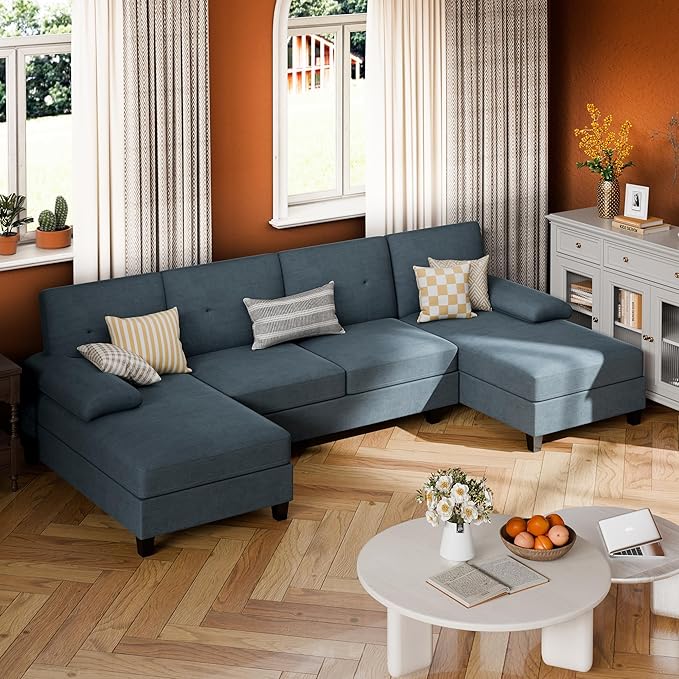 JY QAQA Sectional Couche with Soft Cushion U-Shaped Sofa with Double Chaise 4-Seat Linen Fabric Sofa Sets for Living Room Apartment Drey