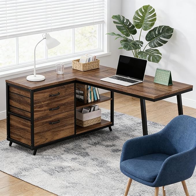 Computer Desk with 5 Drawers 47 Inch Reversible L-Shaped Executive Office Desk with File Storage Drawers Industrial Study Writing Table Corner Desk for Home Office (Rustic Brown)