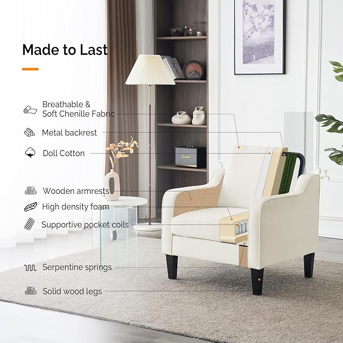 VINGLI Living Room Chairs White Accent Chair Soft Chenille Comfy Arm Chair Mid Century Modern Sofa Chair for Small Spaces Bedroom Home Offfice Apartment Lounge (Creamy White)