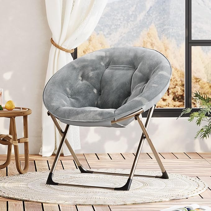 IDEALHOUSE Comfy Folding Padded Saucer Chair Folding Circle Chair with Metal Frame Soft Moon Chair for Bedroom Dorm Rooms Apartments Lounging Garden and Courtyard Grey with Gold Legs