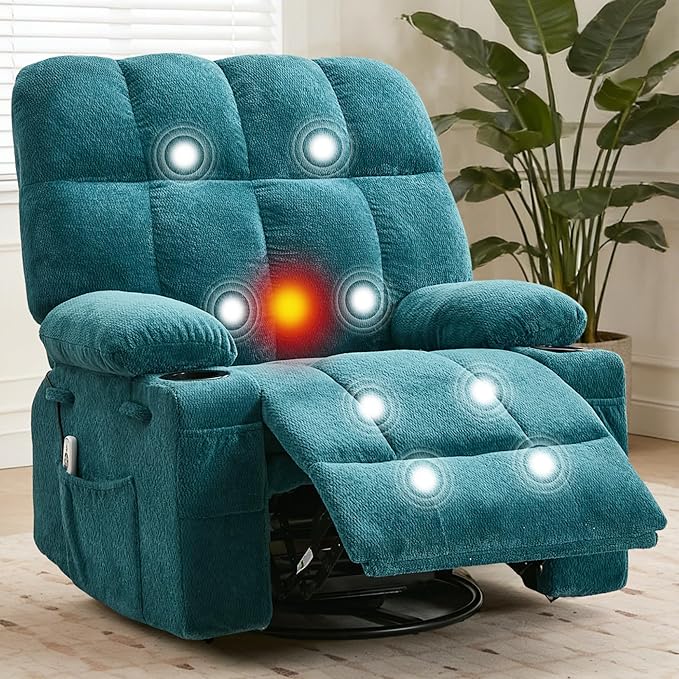 IDEALHOUSE Rocking Recliner Chair with Heat 38.5 Oversized Swivel Rocker Recliner with Massage Side Pockets &amp Cup Holders Reclining Sofa for Living Room Bedroom (Blue Terry Cloth)