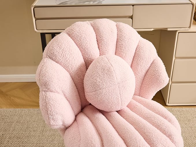 VINGLI Shell-Shaped Teddy Fleece Accent Vanity Chair with BackComfy Pink and Gold Desk Chair No WheelsCute Small Pearl Deco PillowGift for Girls/Womenfor MakeupOfficeDiningNailSewingBedroom