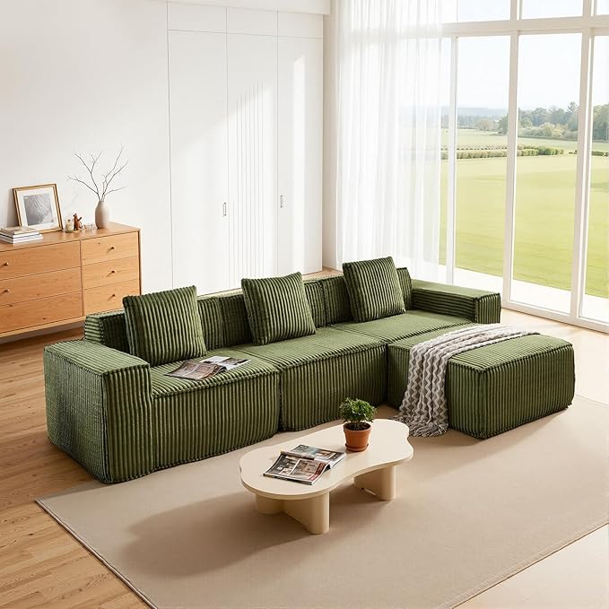 117.6'' Boneless Couch Cloud Couch Sectional L-Shape Modular Sectional Sofa Convertible Corduroy Sleeper Sofa Bed Upholstered Couches for Living Room No Assembly Required