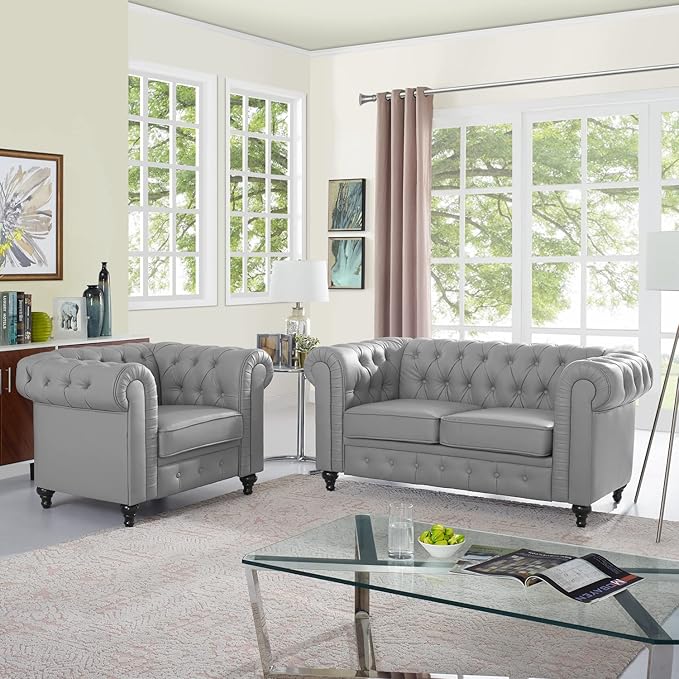 Naomi Home Emery Chesterfield Sofa Set Grey/Loveseat Accent Chair