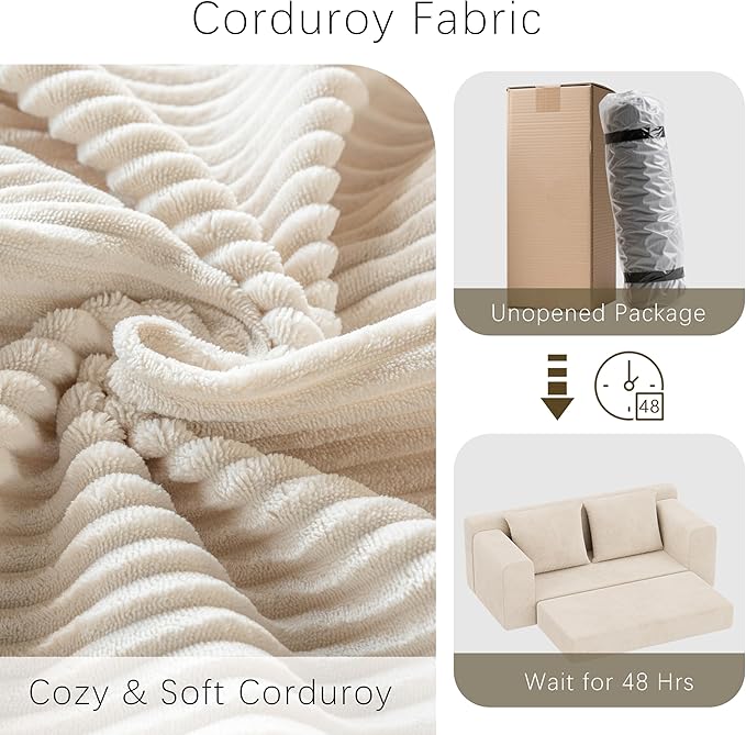 Chogori Loveseat Sleeper Sofa Bed Modern Corduroy Boneless Convertible Couch with Pull-Out Seat Cushion Two Seater Couch for Living Room Bedroom Apartment Home Office No Assembly (Beige)