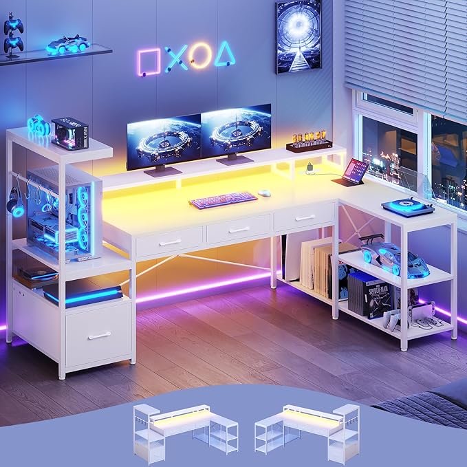 SEDETA L Shaped Gaming Desk with PC Display Stand 59Inch Reversible Computer Desk with Storage Shelves 4 Drawer &amp LED Lights Modern Gamer Desk Table with Power Outlet Monitor Stand White