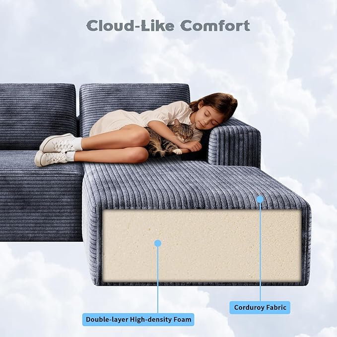 106 Corduroy Sectional Couch Boneless L Shaped Couch with Deep Seat Cloud Foam Sofa with Oversized Chaise Sectional Sofa No Assembly Needed for Living Room