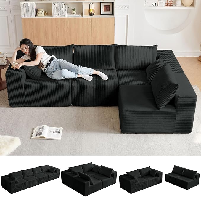 104” Modular Cloud Sectional Sofa Plush Corduroy Boneless Couch L-Shaped Sectional Deep Seat Sofas for Living Room Bedroom No Assembly Required Black