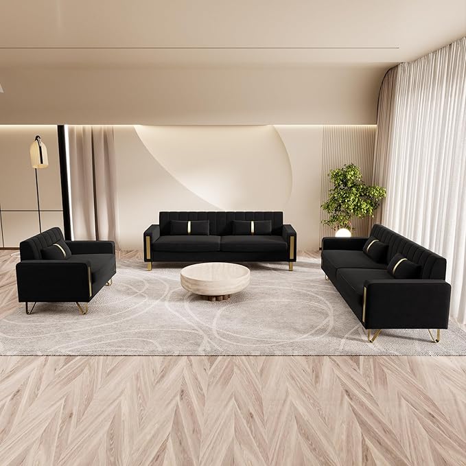 48.62 Modern Velvet Single Sofa Chair Upholstered Comfy Couch with Gold Metal Legs (Black-1 Seater)