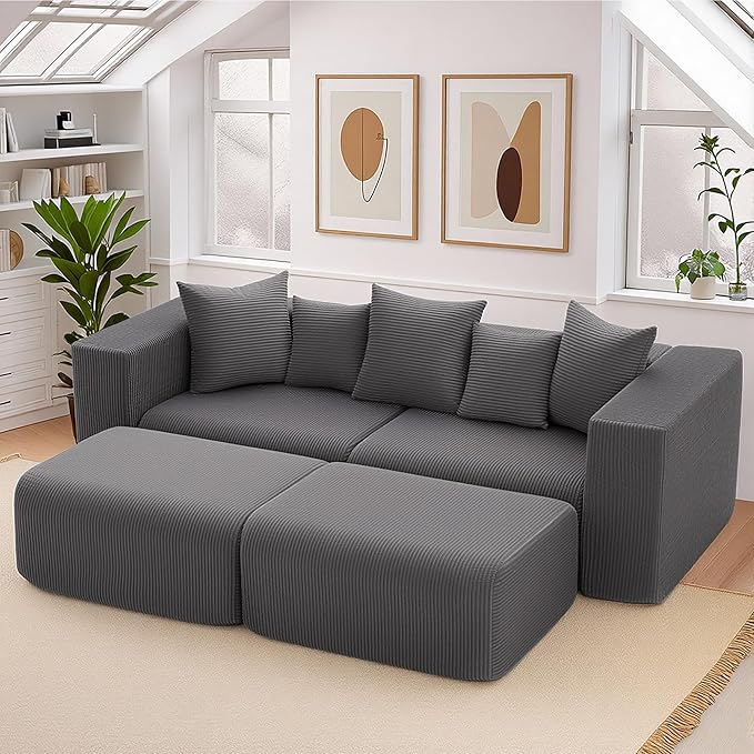 117” Boneless Cloud CouchSectional Modern 4 Seater L-Shaped Sleeper Sofa CouchesNo Assembly Modular Corduroy Convertible Sponge Compression Sofas with Chaise and Ottoman for Living Room(Grey)