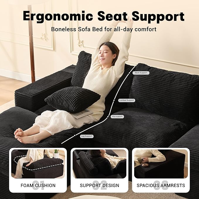 106.3” Sectional Couches for Living Room Set of Cloud Couch Modular Sectional Sofa Convertible Sofas Bed Deep Seat Sofa L Shaped Cozy Sofa Furniture Set Corduroy Black