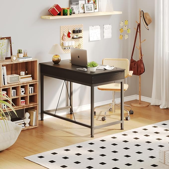 Mexin Small Black Desk with 2 Wooden Drawers 40 Inch Home Office Writing Desk Black Vanity Desk with Storage Computer Desk for Bedroom Small Spaces Table for Office Work Kids Study Makeup