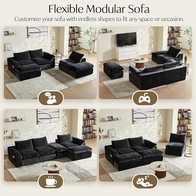 Vamcheer U Shaped Cloud Couch - Utra Soft Modular Sectional Sofa with 2 Movable Ottoman Deep Seat Boneless Couches for Living Room Bedroom Office No Assembly Required Black