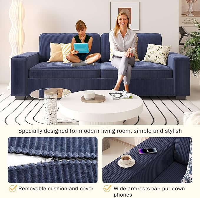YOUDENOVA 2 Piece Loveseat Sofa Set 86 Couches for Living Room Corduroy Comfy Sofa with Extra Deep Seats Wide Armrest Removable Cover Easy Assembly Blue