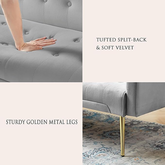 Anwick 72 Modern Velvet Sofa Bed FutonConvertible Folding Sleeper Bed Couches with 3 Adjustable BackrestsTufted Recliner Loveseat with Golden Chrome Legs for Small Living Room Office (Grey)