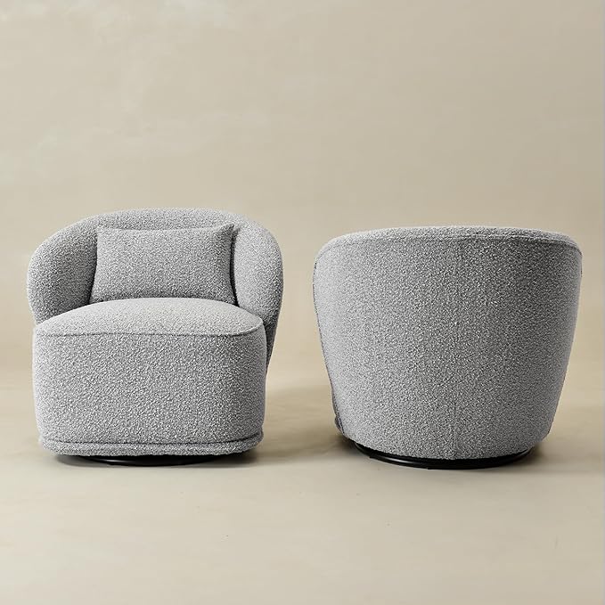 KINWELL 33 W Mid Century Modern Swivel Barrel Chair Set of 2 Upholstered Boucle Swivel Accent Chairs No Assembly Sofa Chair with Toss Pillow for Living Room Bedroom Reading Nursery (Black White)