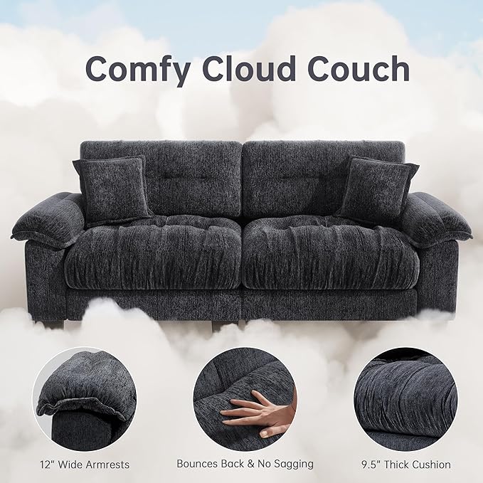 91.5 Modern Cloud Couch Sofa Comfy Chenille Couches for Living Room Easy to Assemble Apartment Black Couch with Wide Armrests Removable Cushion Fashion Cute Sofas with Pillows for Bedroom Office