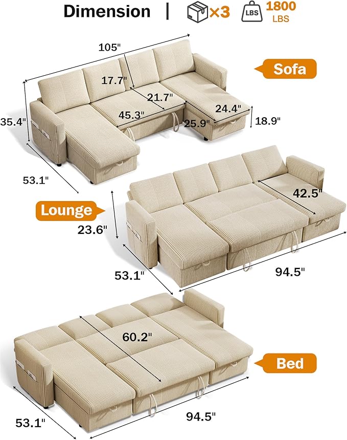 Vipbear 104 Sectional Sleeper Sofa Bed with Pull Out Bed U Shaped Couch Pull Out Couch with Reclining Backrest Reversible Storage Chaise USB Ports Tool-Free Assembly Corduroy Beige