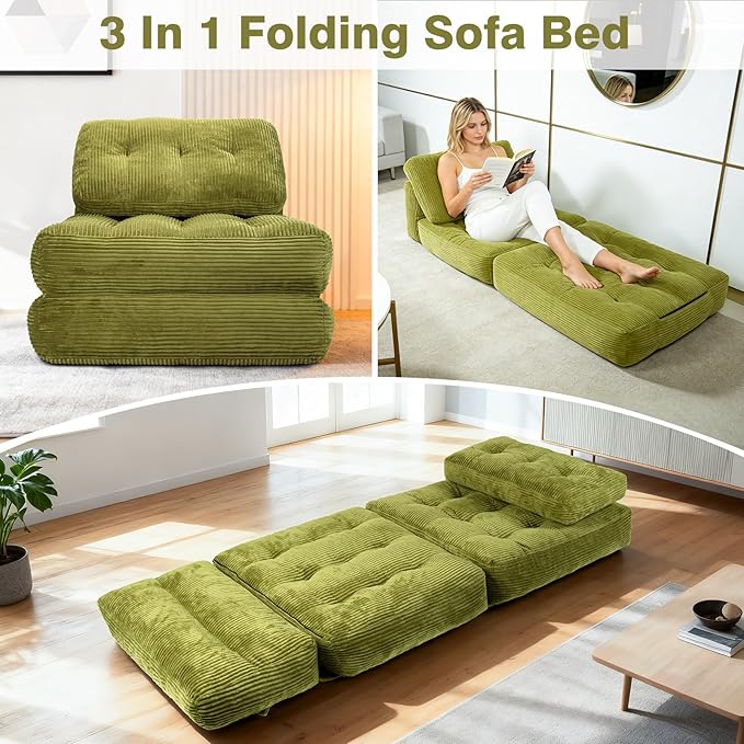 Art3d Folding Sofa Bed Convertible Sleeper Sofa Bed with Pilow &amp Back Support 3 in 1 Long Futon Boneless Couch Comfy Floor Couch for Living Room Bedroom Grass Green