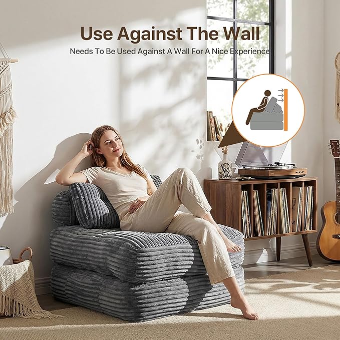 Boneless Chair Folding Sofa Bed with Pillow Sleeper Sofa with Back Support Sleeper Chair Portable Fold Out Chair Bed Comfy Foldable Mattress for Living Room Dark Grey Single