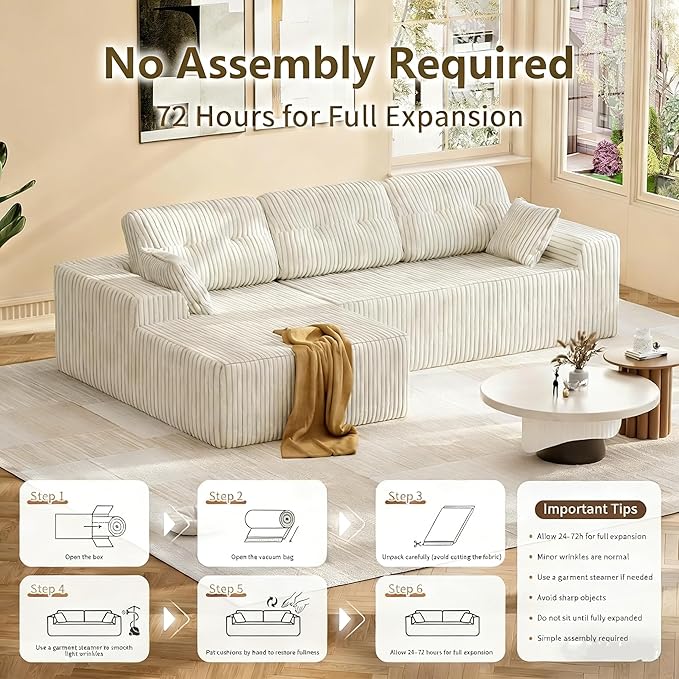 Ball &amp Cast 106''Cloud Couch Sectional with L-Shaped ChaiseCorduroy Upholstered Modular Sectional SofaDeep Seat Sectional Couches for Living RoomNo Assembly Required (BeigeLeft Facing Chaise)