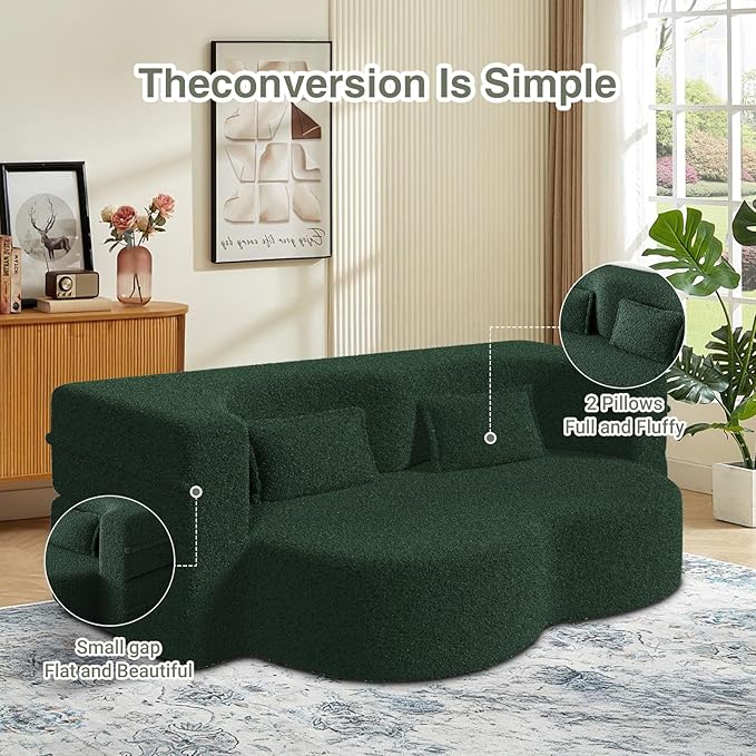 78 Convertible Folding Sofa Bed 2-in-1 Full Size Floor Boneless Couch Bed Loveseat sleeper Couch  Teddy Floor Sofa Memory Foam Sleeper SofaBed Small couches for small spaces No Assembly (Green)