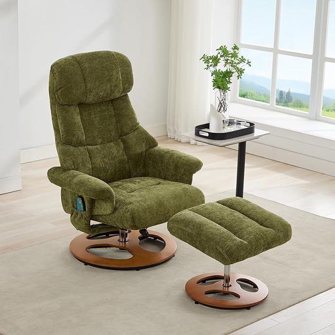 FOXHUNTER Chenille Recliner Chair with Ottoman Modern Massage Swivel Lounge 360° Swivel Rocker Recliner Comfy Modern Accent Arm Chairs for Living Room Bedroom (ChenilleGreen)