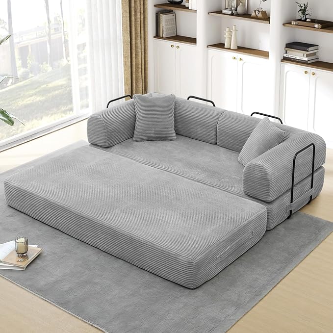 Convertible Folding Sofa Bed Corduroy Sleeper Mattress Couch with Fixed-Shape Frame Free Combination Loveseat Lounge Floor Sofa Queen Size Memory Foam Couch for Living Room Bedroom Light Grey
