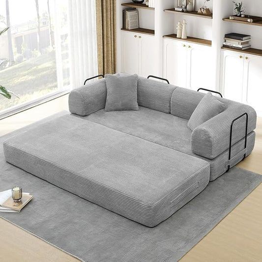 Convertible Folding Sofa Bed Corduroy Sleeper Mattress Couch with Fixed-Shape Frame Free Combination Loveseat Lounge Floor Sofa Queen Size Memory Foam Couch for Living Room Bedroom Light Grey
