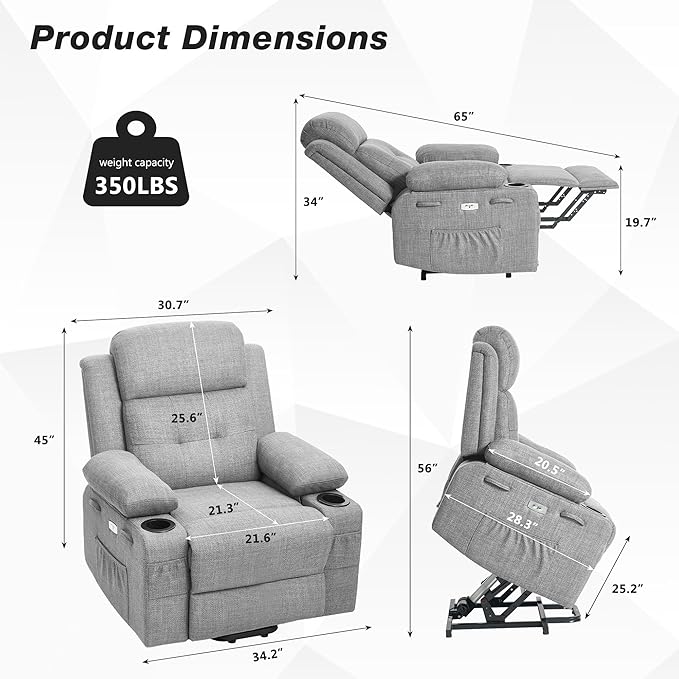 Power Lift Recliner Chair for Elderly with Massage &amp HeatLinen-Cotton Electric Recliner with USB Ports Cup Holders Side Pockets Lift Chair for Living Room Bedroom