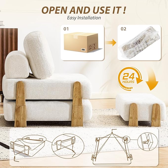Convertible Folding Sofa Bed with Wood Frame 2-in-1 Sleeper Chair with Headrest &amp Lumbar Pillow Foldable Single Sofa Couch with High-Density Memory Foam for Living Room Guest Room Beige